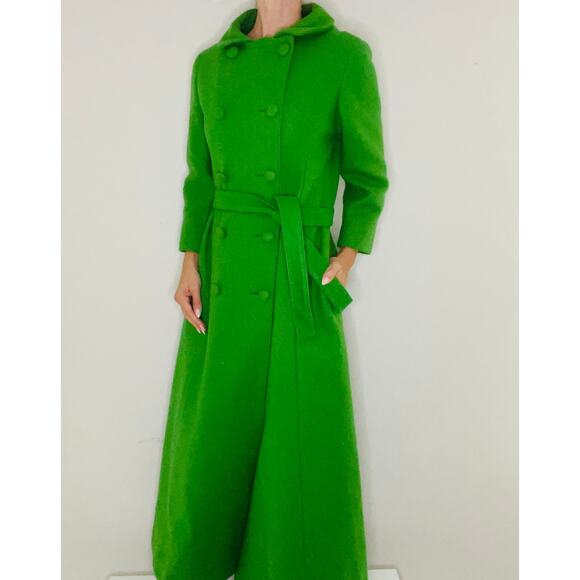 Vintage 1970s Union Tag Wool Long Trench Coat Bold Lime Green Size Small JL - Picture 1 of 16
